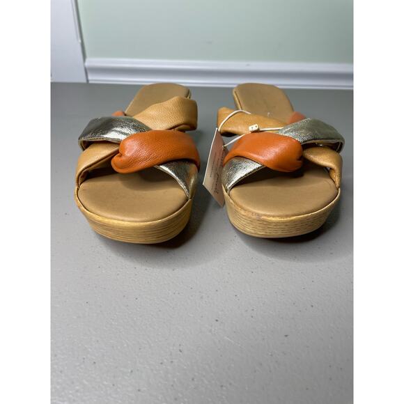 Mila Paoli Wedge Heel Sandal Slide Open Toe Genuine Leather Brown Tan Orange 6.5 - Picture 10 of 10